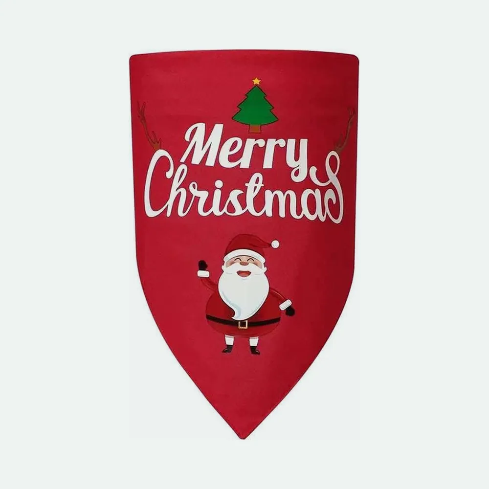 Red triangle dog bandana printed with Merry Christmas, a tree and Father Christmas