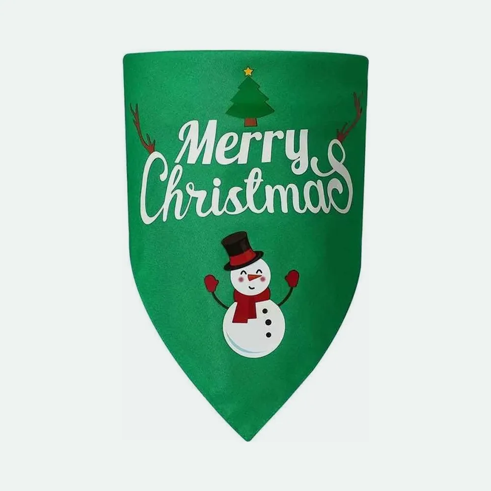 Green triangle dog bandana printed with Merry Christmas, a tree and a snowman