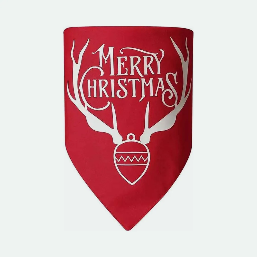 Red triangle dog bandana printed with Merry Christmas and white antlers