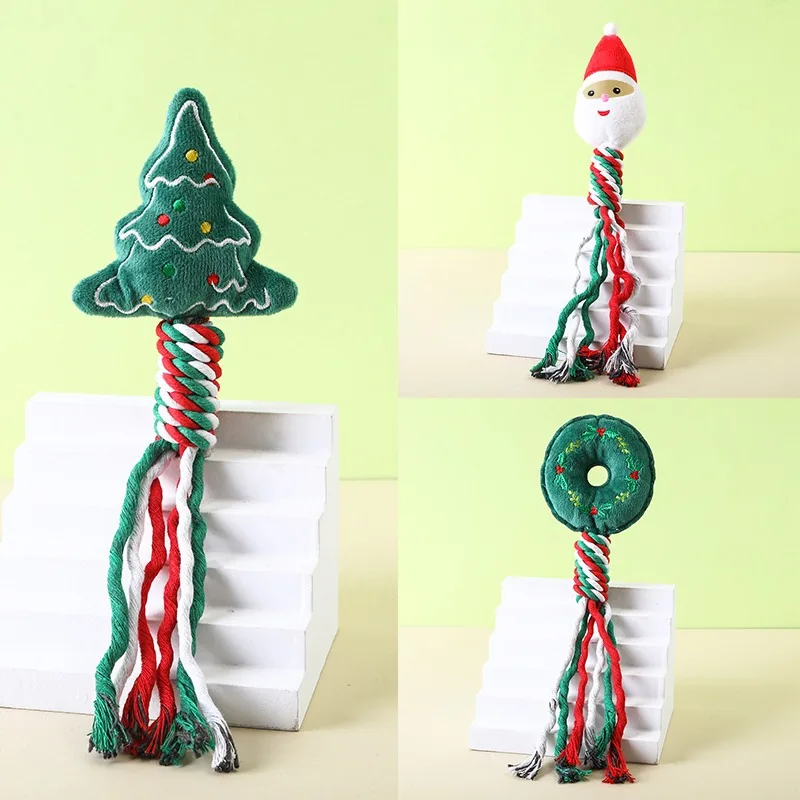 Christmas tree, Santa and wreath plush heads on braided red, white and green ropes