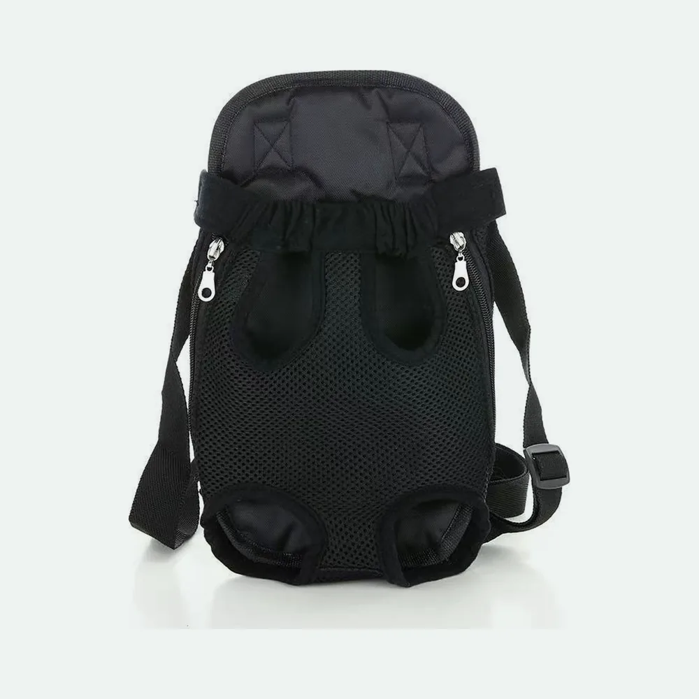 Black mesh legs-out front carrier with an elastic neck opening, side zips and adjustable straps