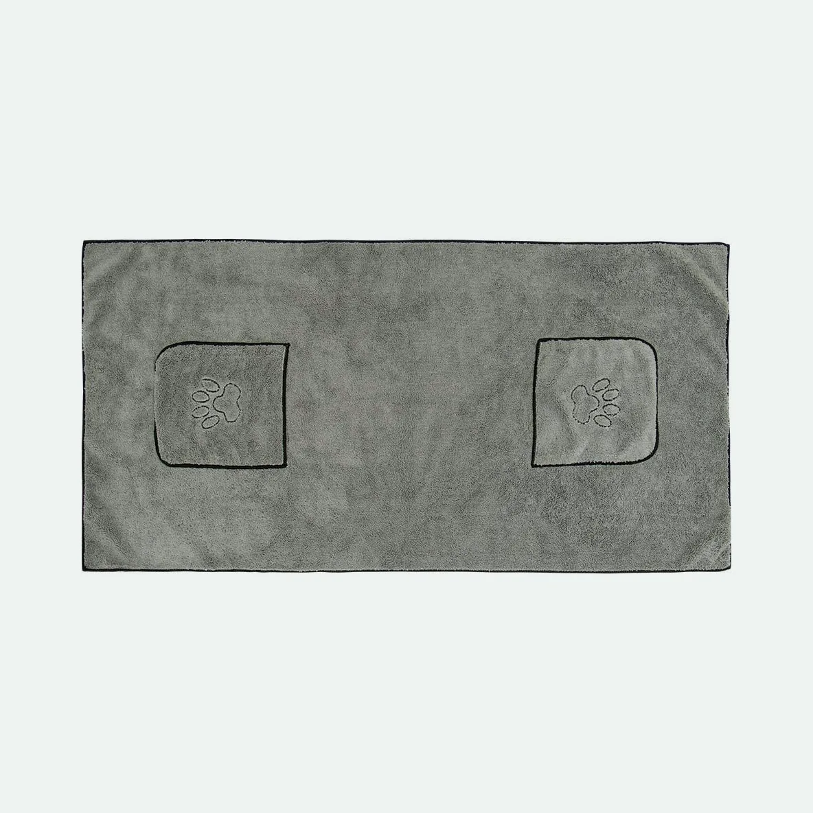 Grey microfibre dog towel laid flat, with a paw-print hand pocket at each end