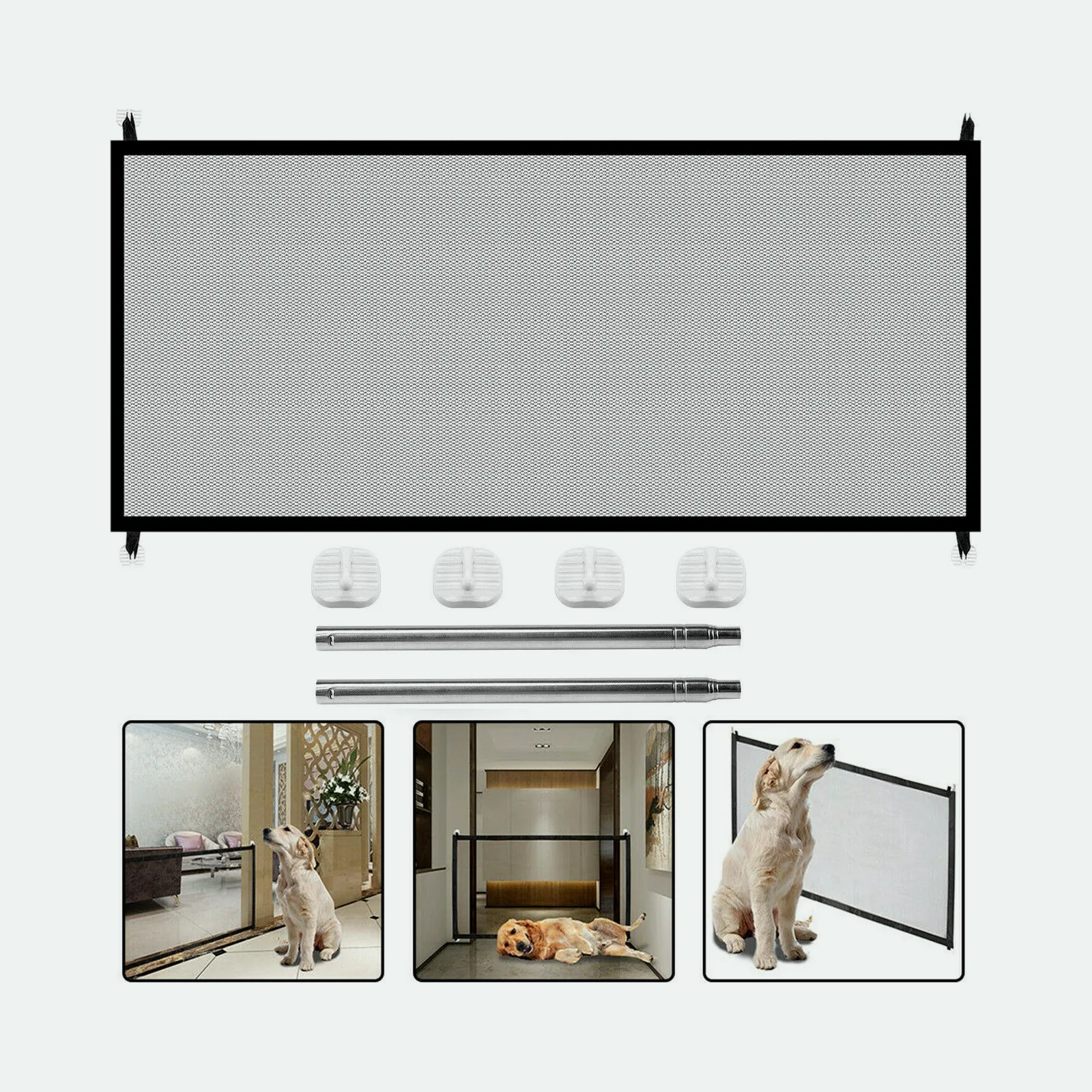 The mesh barrier panel with its two metal poles and four wall hooks, and three photos of it in doorways