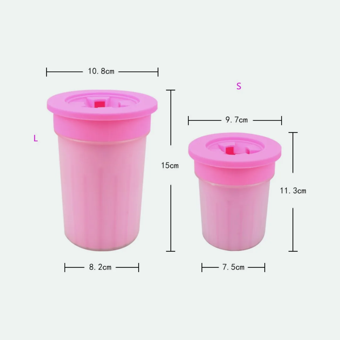 Size guide showing the small and large paw washer cups with their measurements in centimetres