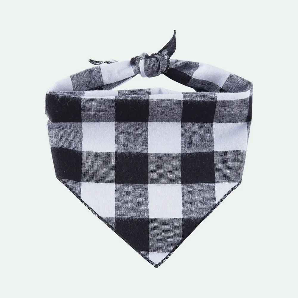 Black and white check cotton bandana tied in a triangle