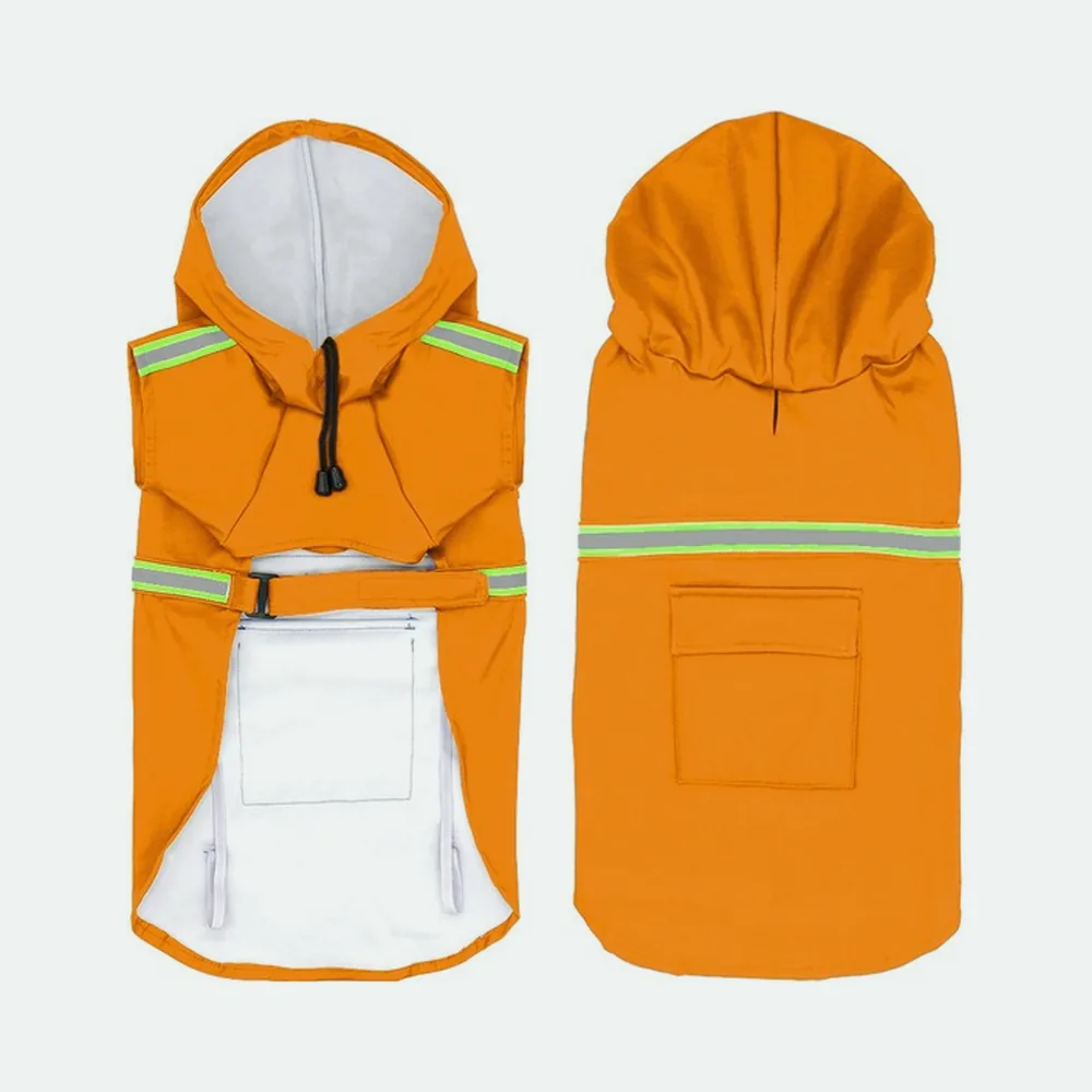 Orange dog raincoat shown front and back: drawstring hood, reflective strips, chest strap and back pocket